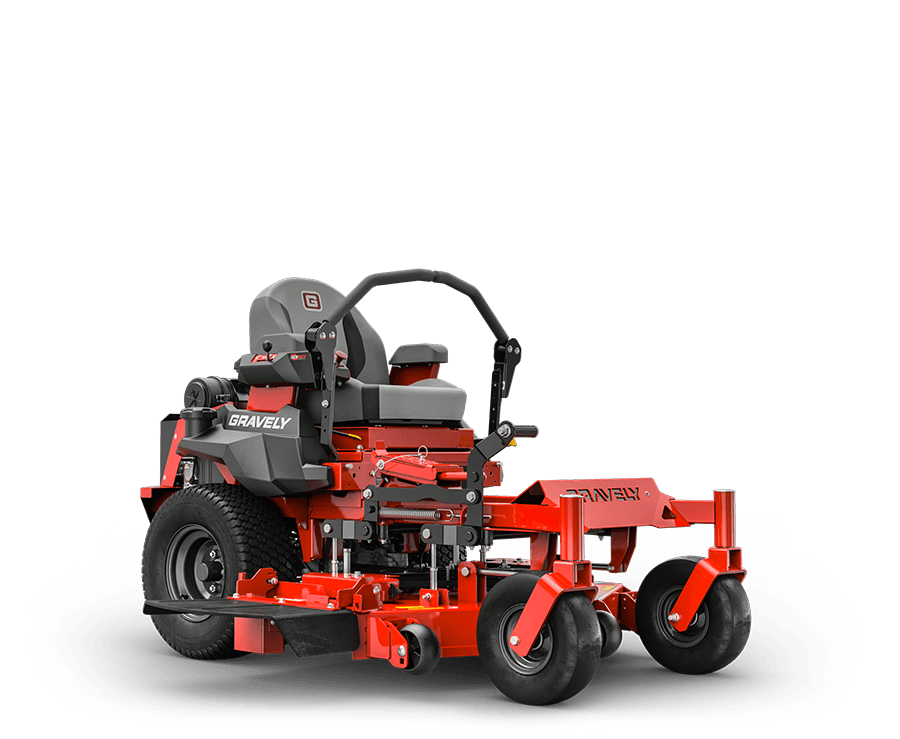 A red gravely mower is sitting on a white surface.
