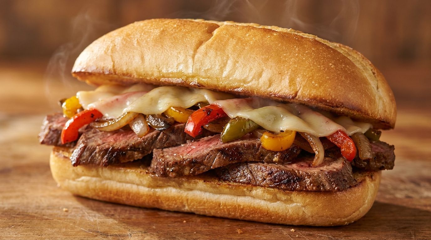 Grilled beef sandwich with melted cheese, peppers, and sauce on a toasted bun
