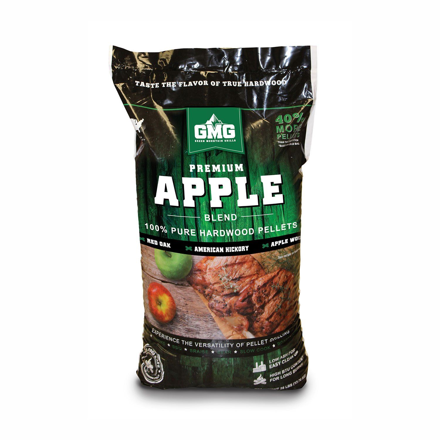 a bag of gmg premium apple blend 100 % pure hardwood pellets