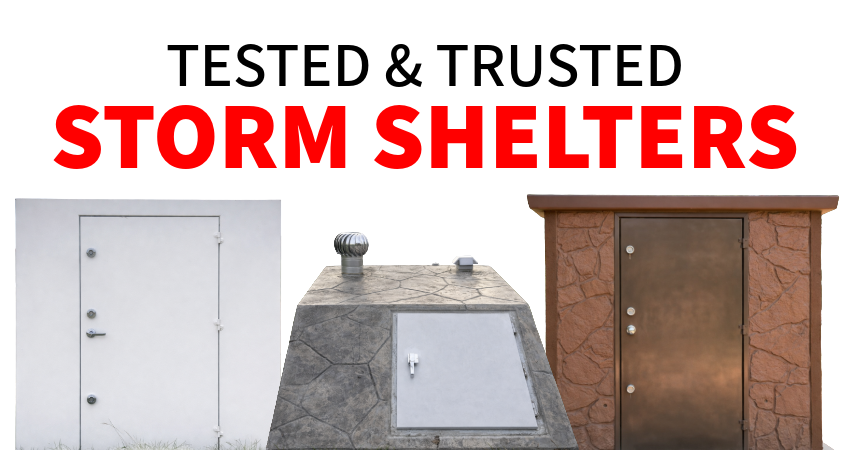 Ad reading “TESTED & TRUSTED STORM SHELTERS” above three shelter door designs on white background