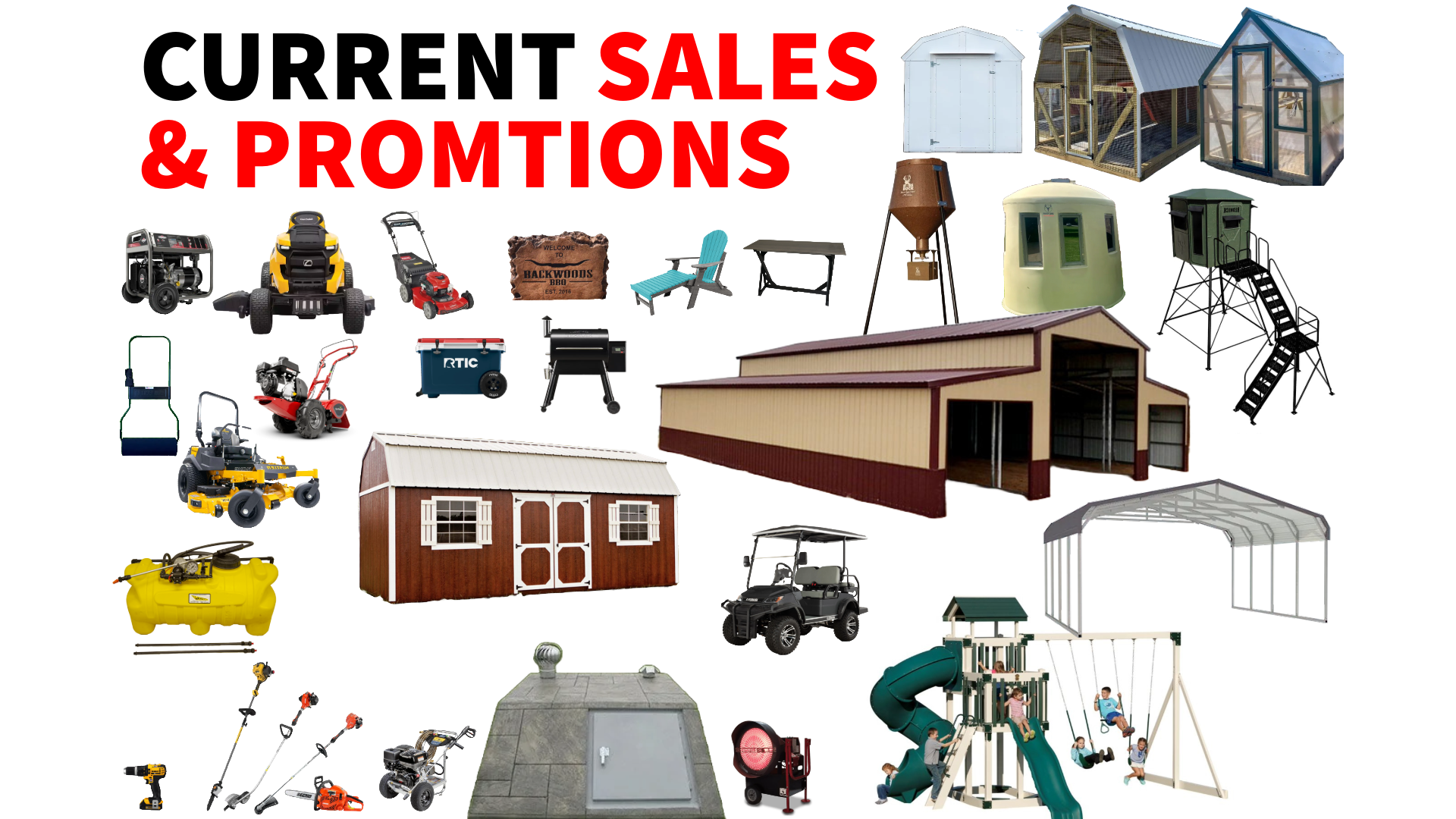 Current sales and promotions collage of farm equipment, sheds, and machinery on a white background
