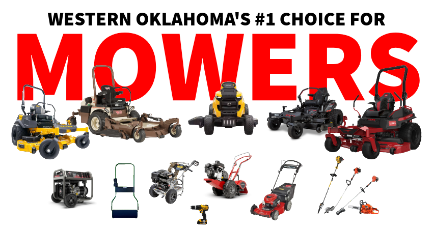 Western Oklahoma’s #1 choice for mowers, with various riding and push lawn mowers displayed on white background