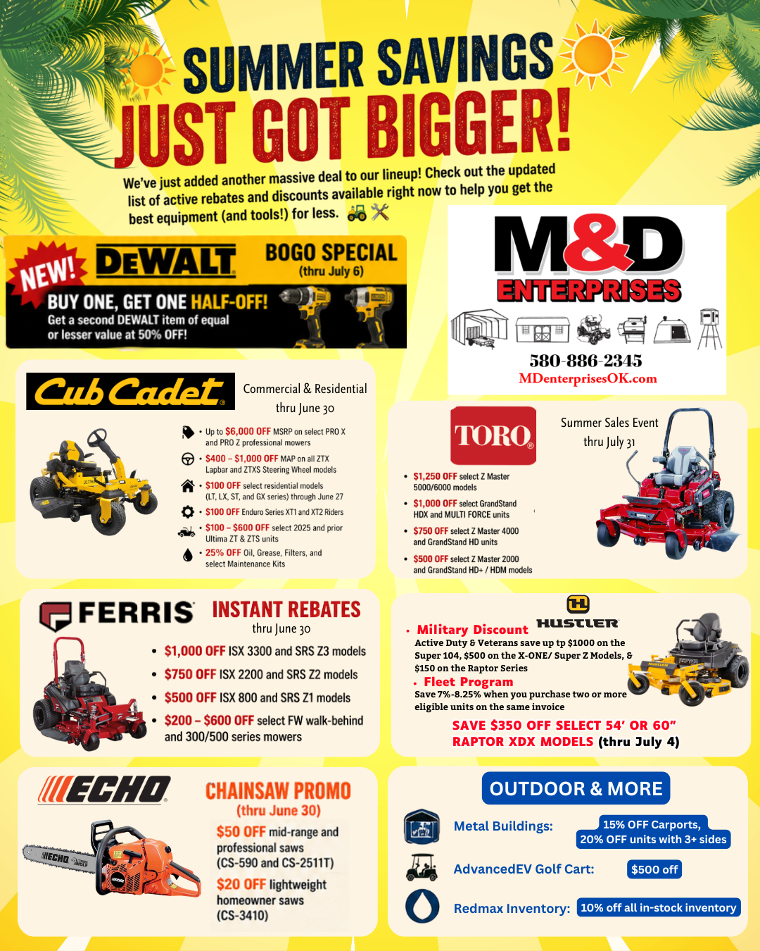 Summer savings flyer for M&D mowers and power equipment, with branded tools and special deals.