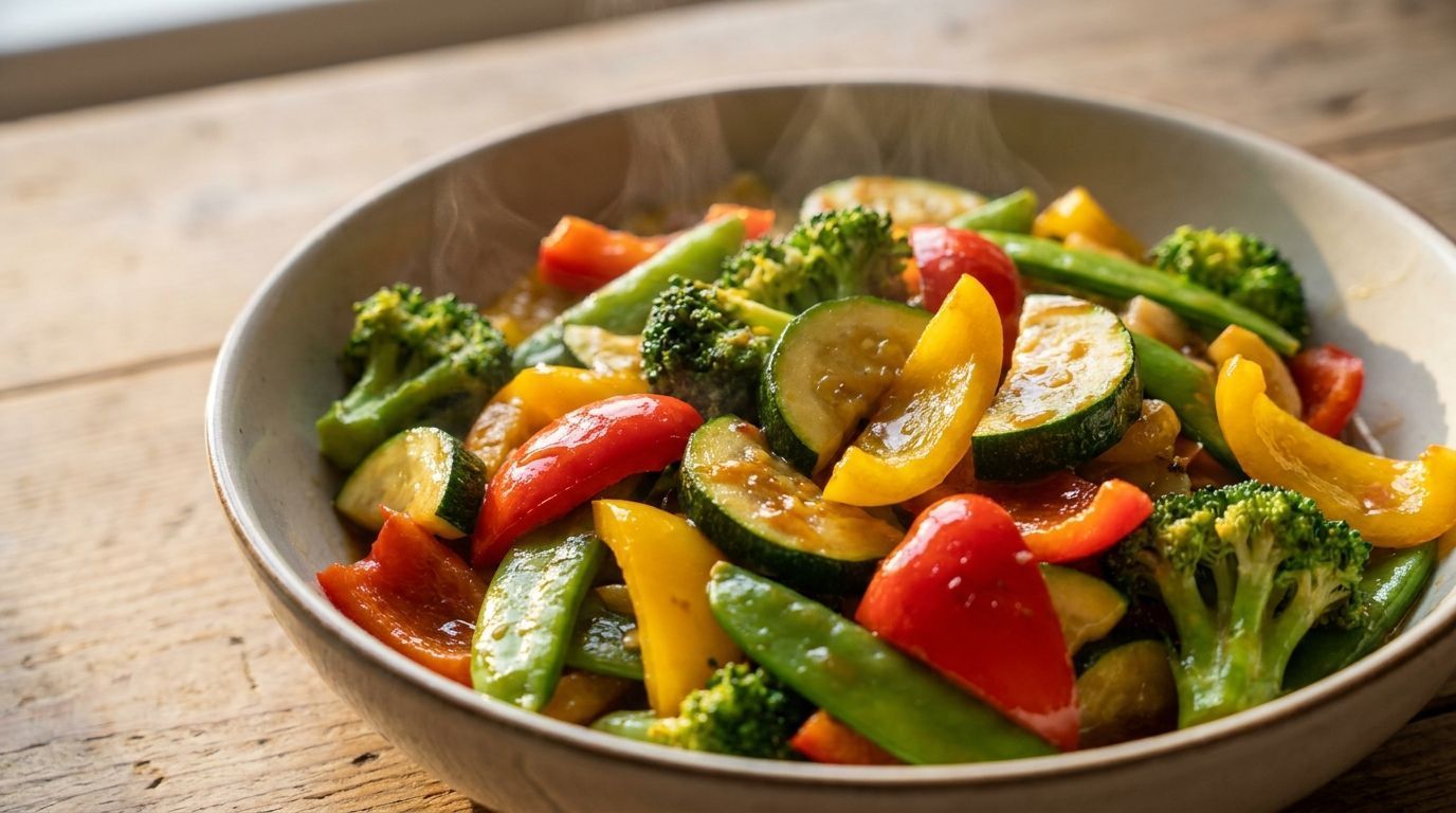 Bowl of colorful sautéed vegetables, including broccoli, peppers, zucchini, and tomatoes, on a wooden table
