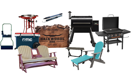 Assorted outdoor gear and furniture, including chairs, a grill, a cooler, and camping items on a white background