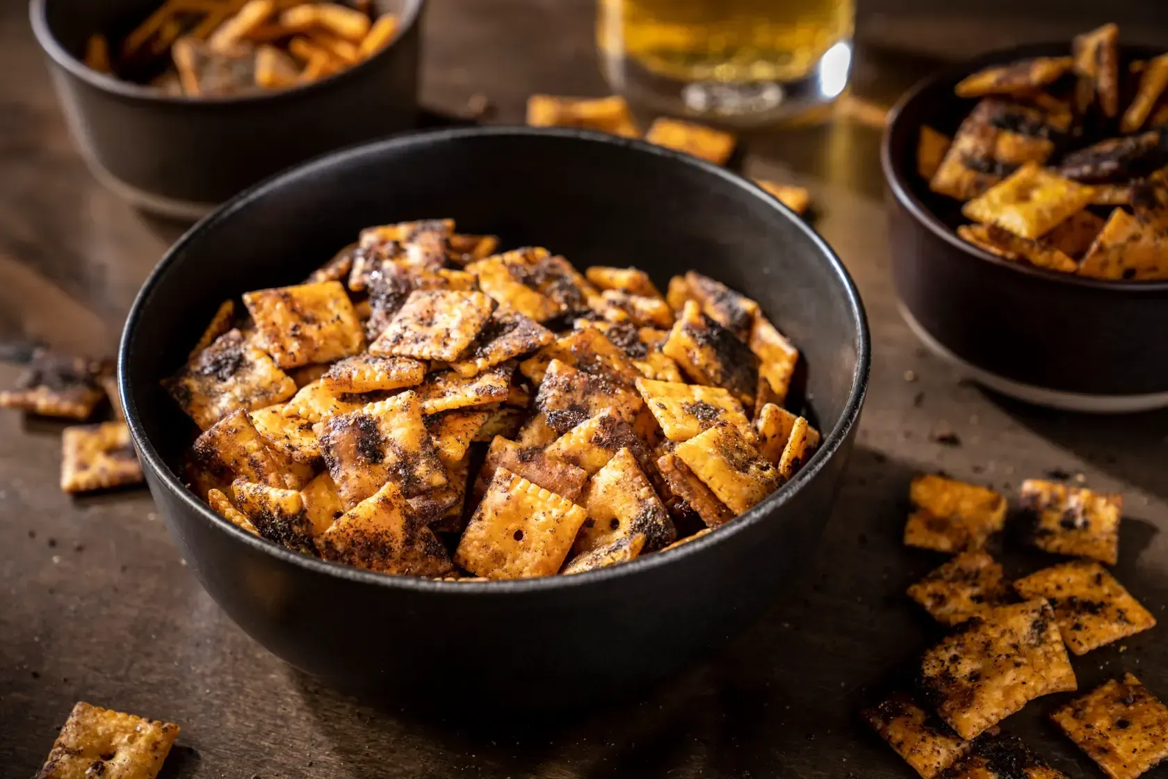 A bowl of crackers is sitting on a table next to a glass of beer.