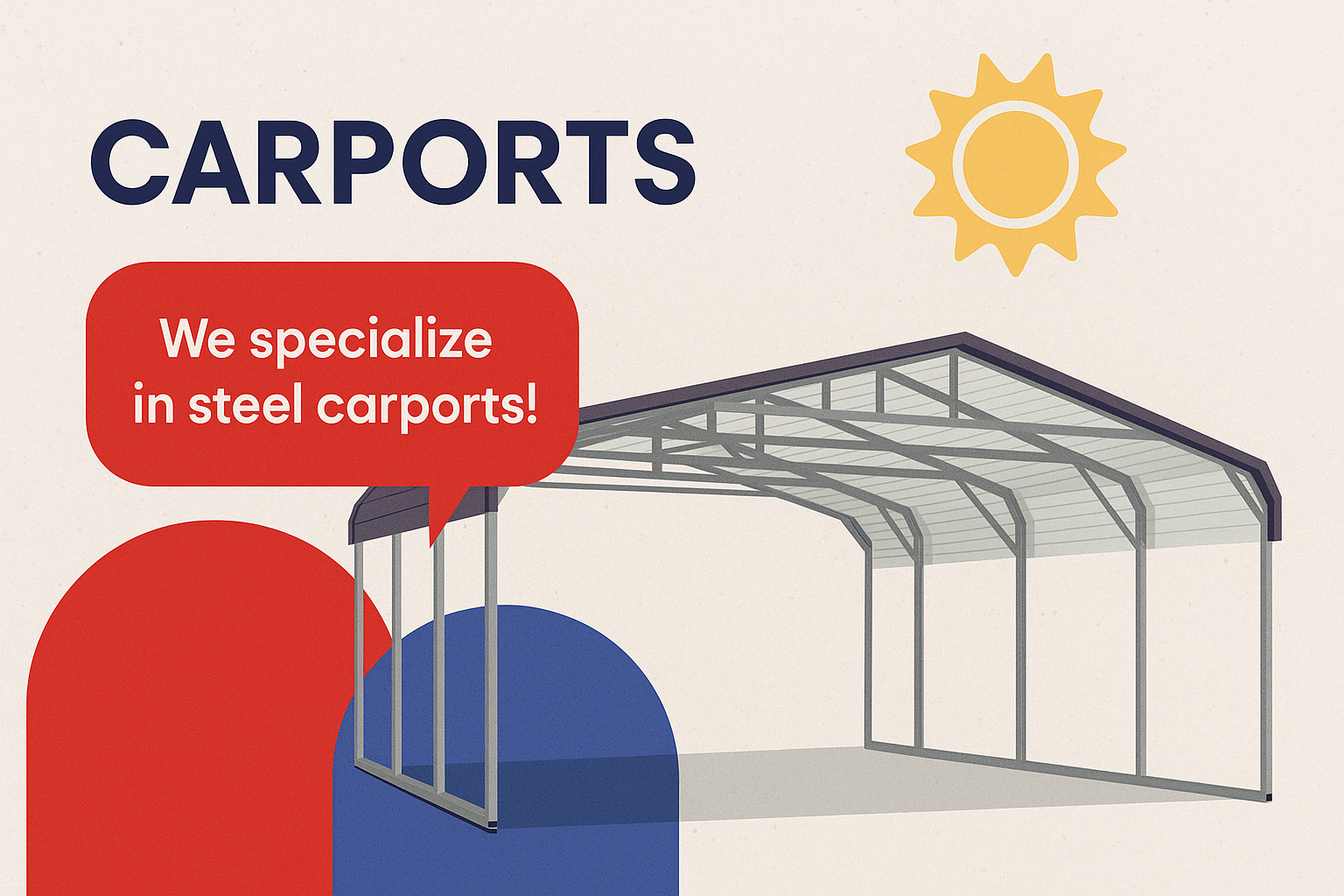 Steel carport advertisement with gray canopy, red and blue shapes, sun icon, and “We specialize in steel carports!” text