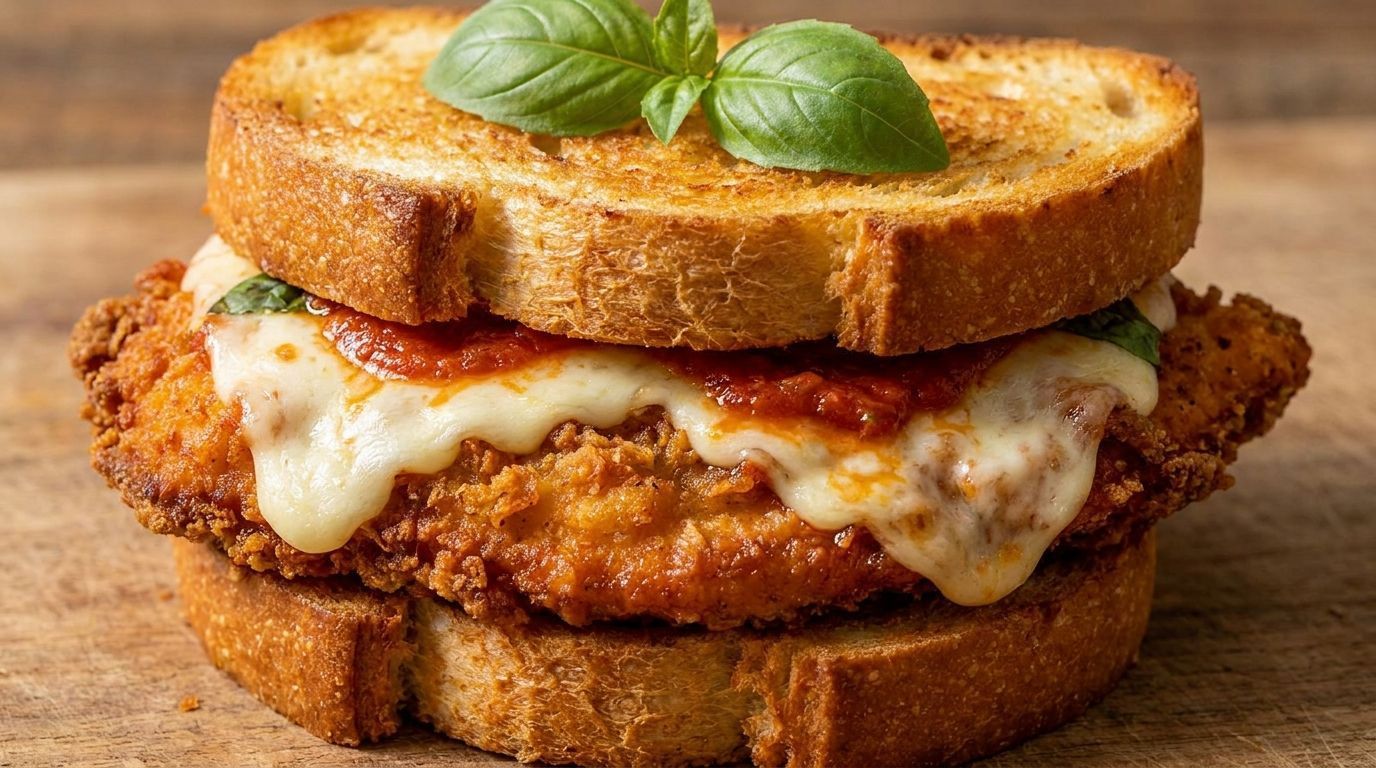 Breaded chicken sandwich with melted cheese on toasted bread, topped with basil leaves