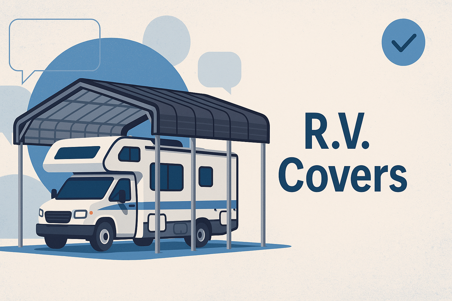 RV under a blue canopy with “R.V. Covers” text on the right