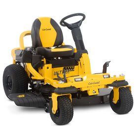 Yellow and black Cub Cadet riding lawn mower with front deck and steering wheel
