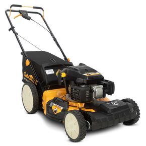 A yellow and black lawn mower with white wheels on a white background.