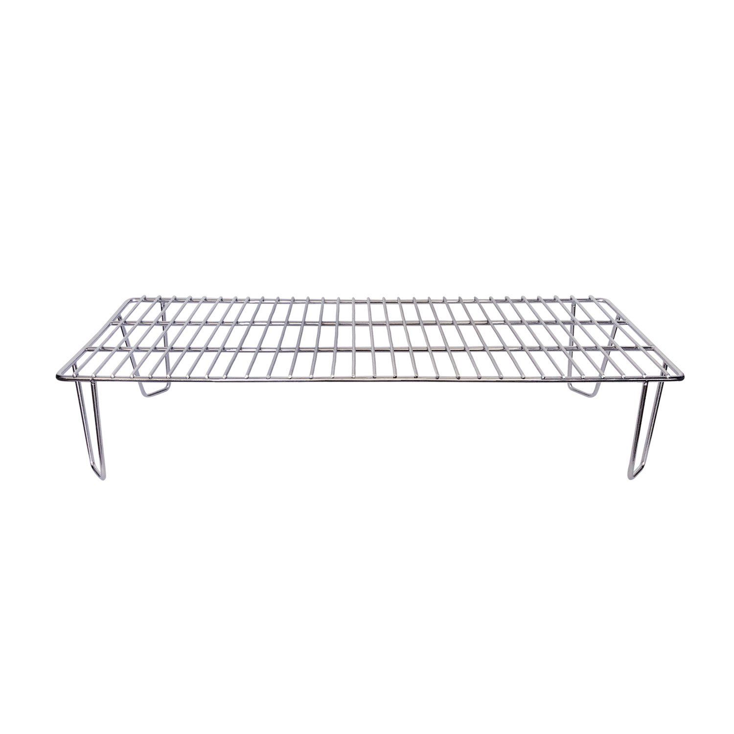 a stainless steel shelf with a white background