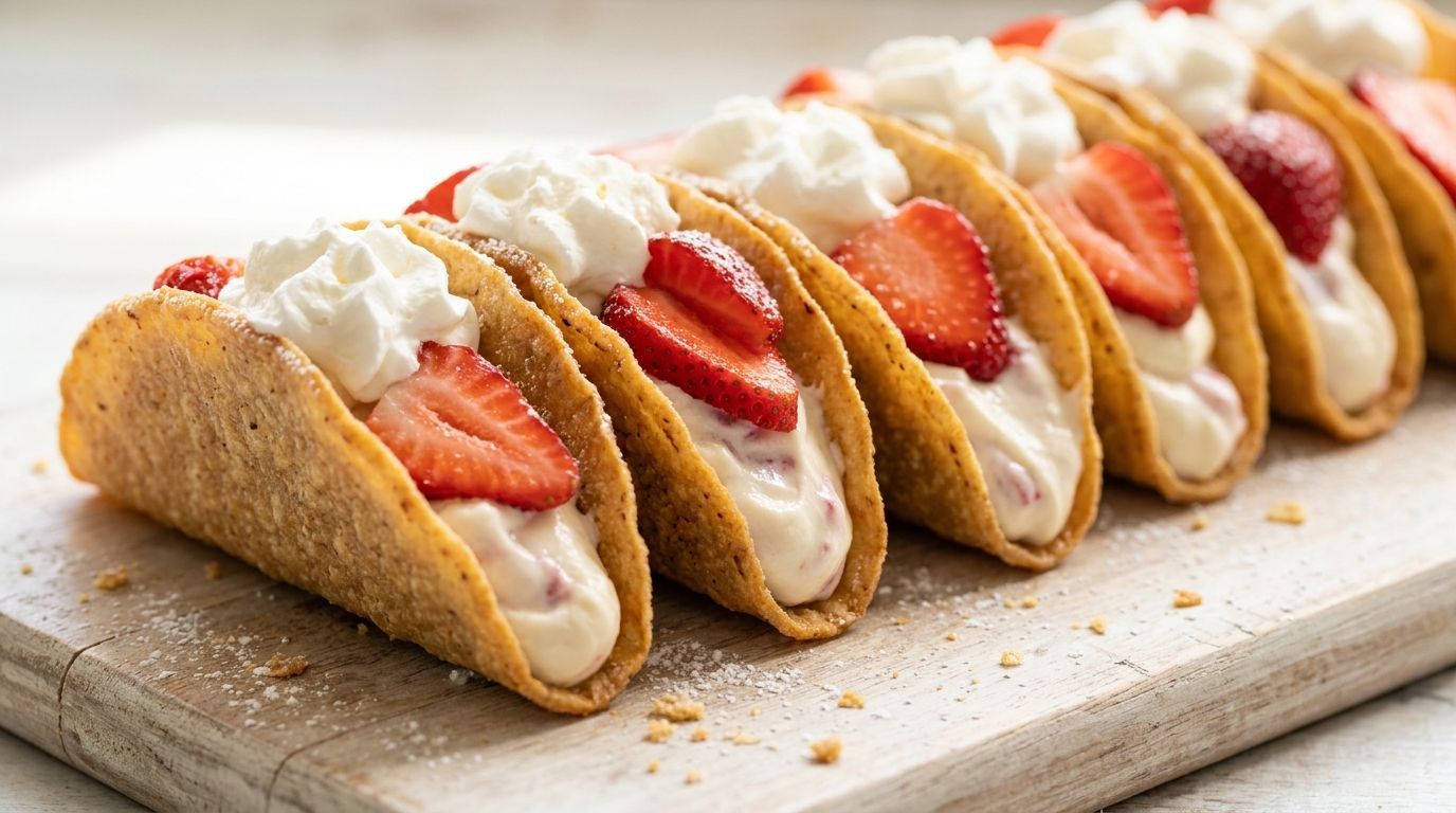 Row of strawberry-topped tacos with whipped cream on a tray