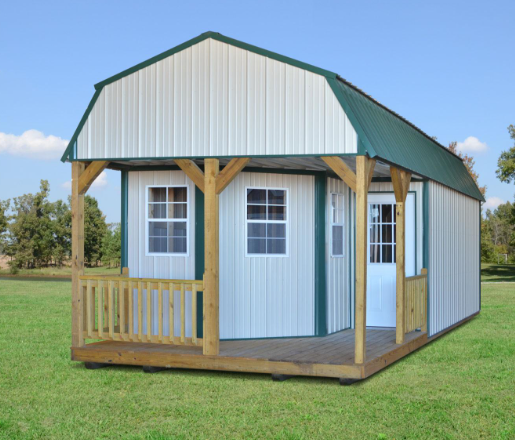 a small house with a porch and a green roof
