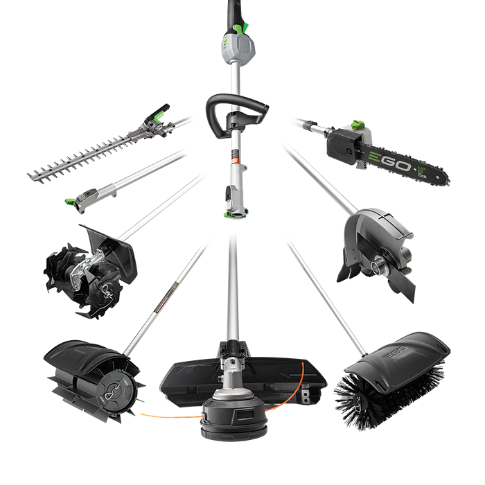a ego trimmer with many different attachments