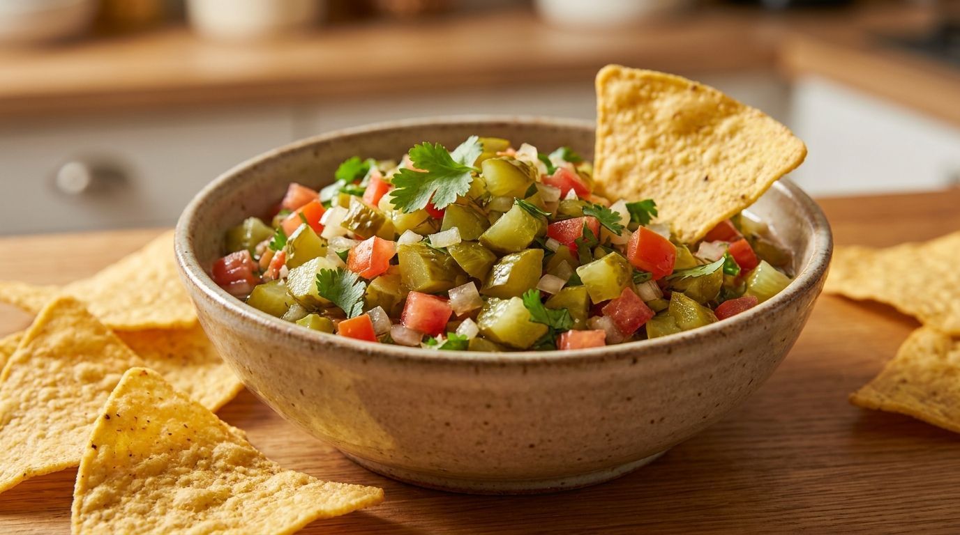 Bowl of chunky salsa with tortilla chips on a wooden table