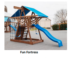 A picture of a wooden playground with a blue slide that says fun fortress
