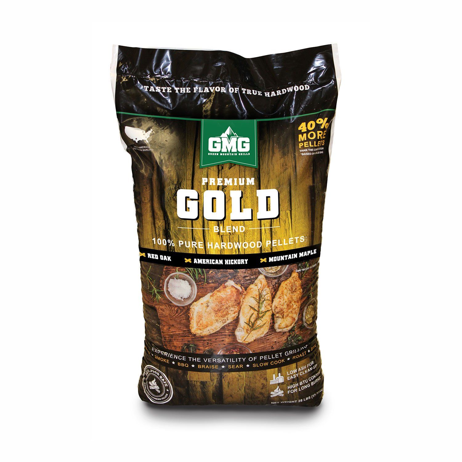 a bag of gmg premium gold blend hardwood pellets