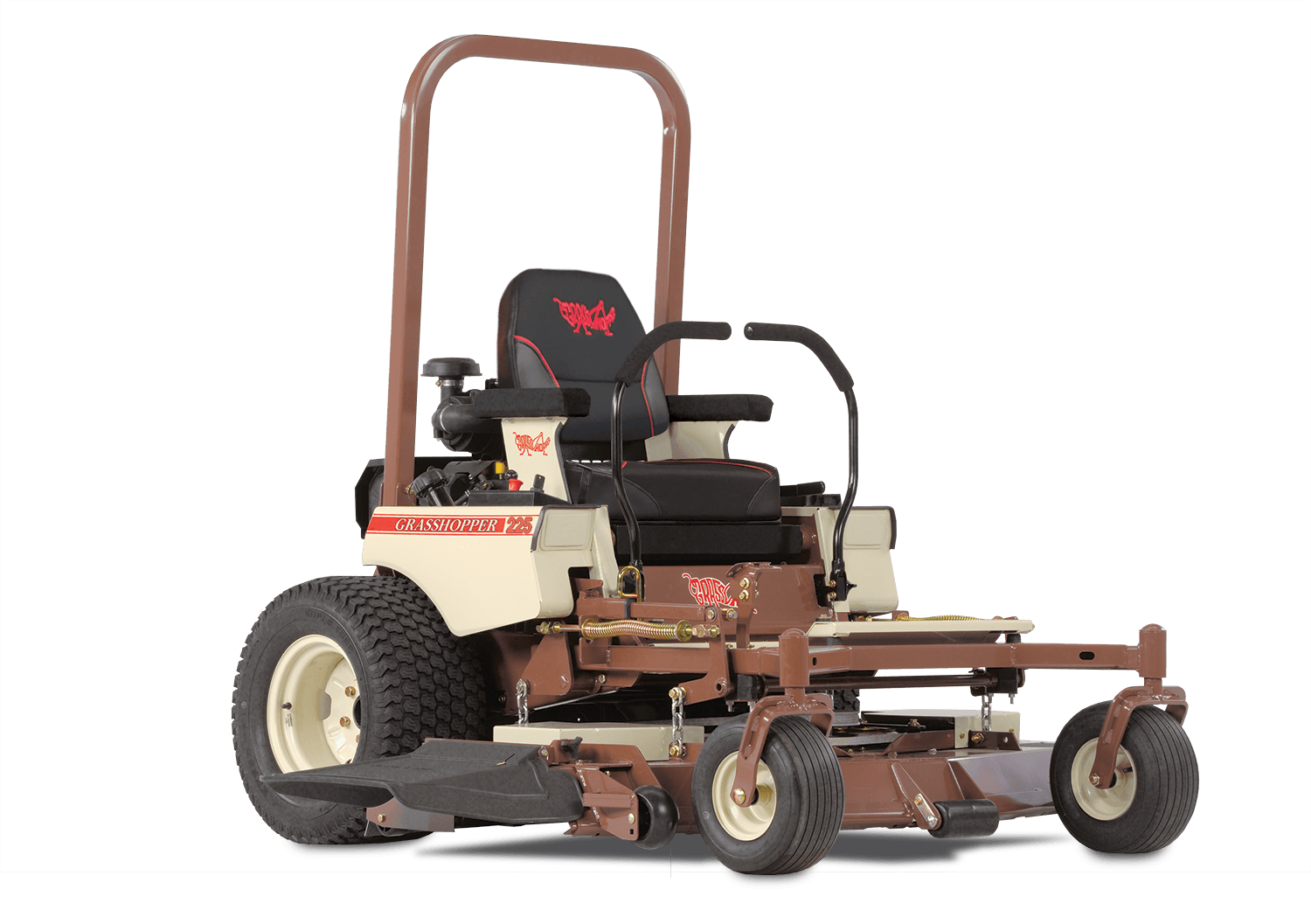 a brown and white lawn mower with the word grasshopper  on it