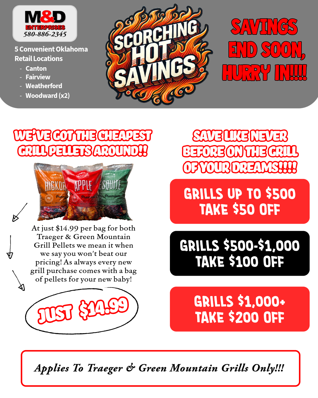 Red-and-black grill sale flyer with discounts up to $200 off and a “Scorching Hot Savings” headline