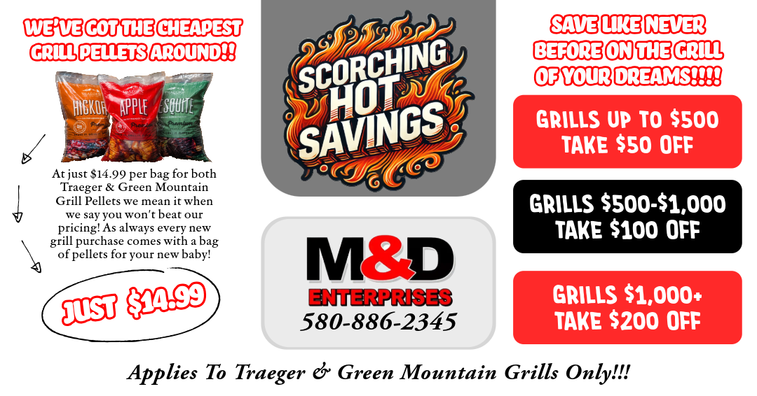 Scorching hot savings ad with grills, M&D logo, and red sale boxes showing up to $1500 off