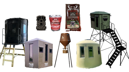 Assorted hunting blind and elevated stand designs in black, tan, and green, with ladders and platforms