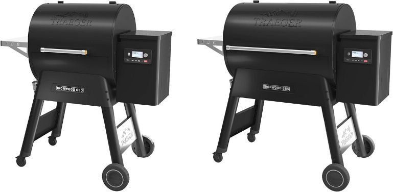 Two black grills are sitting next to each other on a white background.
