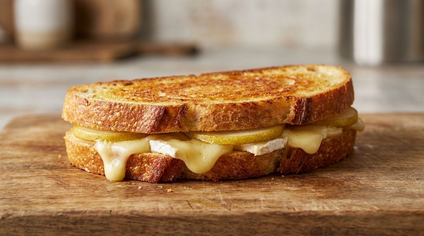 Grilled cheese sandwich with melted cheese on a wooden cutting board