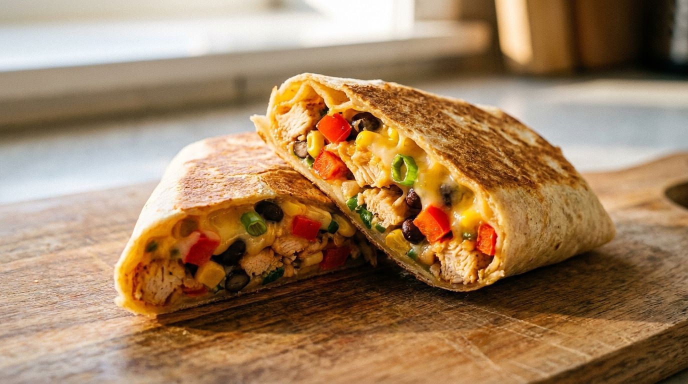 Cut wrap sandwich with colorful vegetable filling on a wooden cutting board