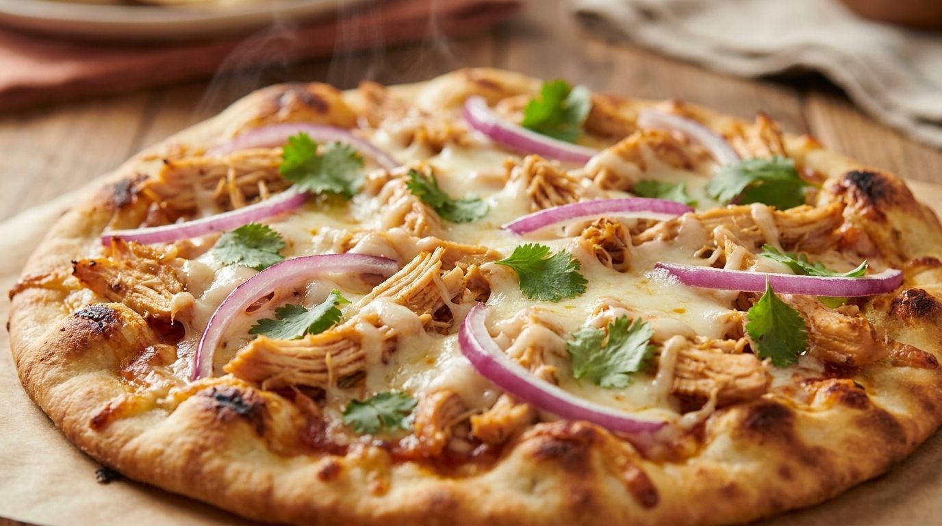 Fresh pizza topped with red onion slices, cilantro, and melted cheese on a wooden board