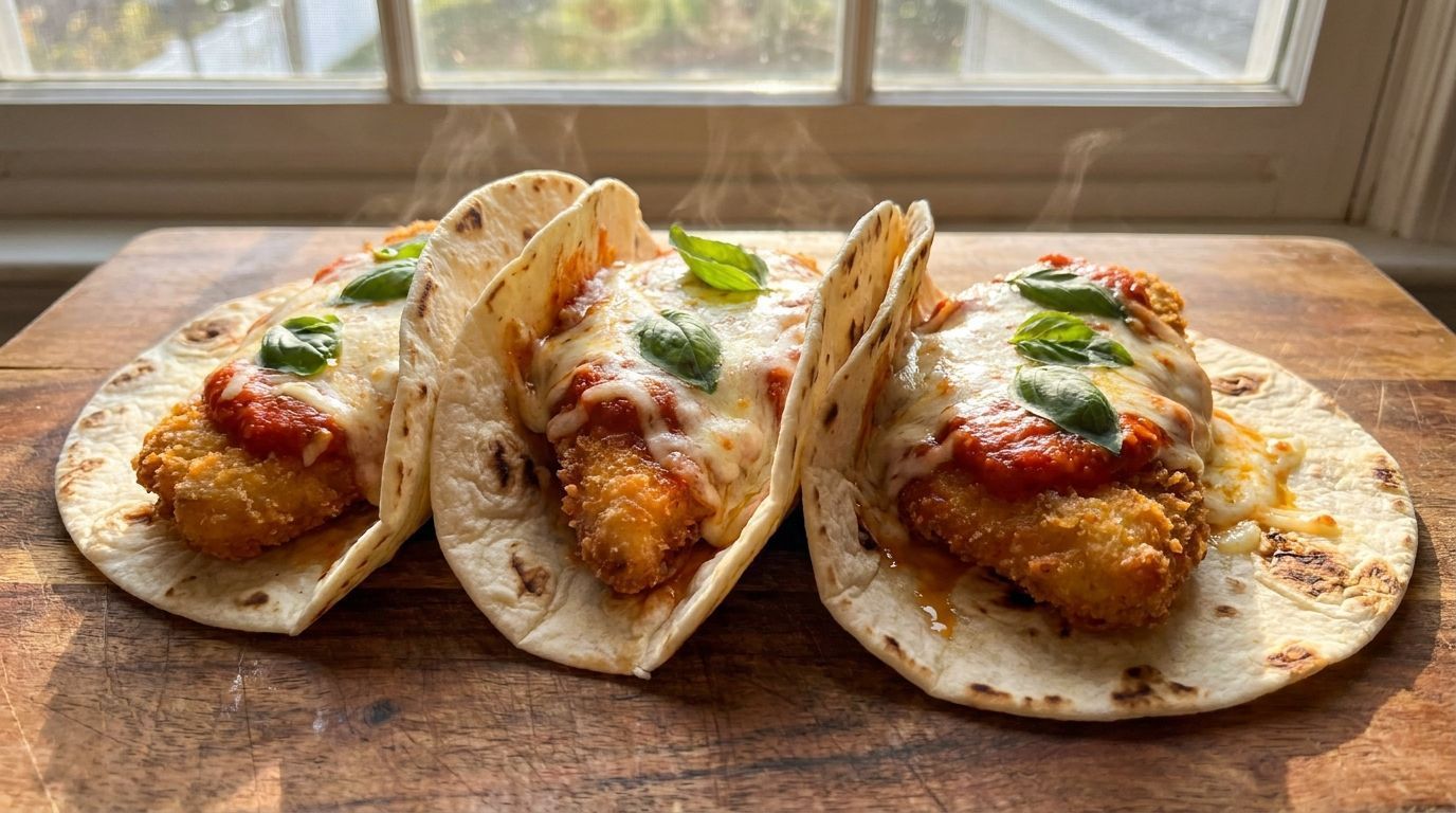 Three tacos with crispy fish, sauce, and cilantro on tortillas on a wooden board by a window