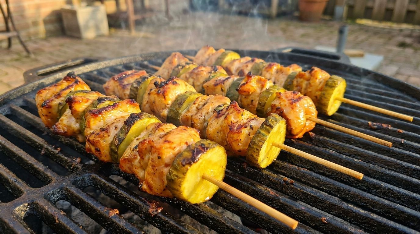 Grilled meat and pineapple skewers sizzling on a barbecue grill outdoors