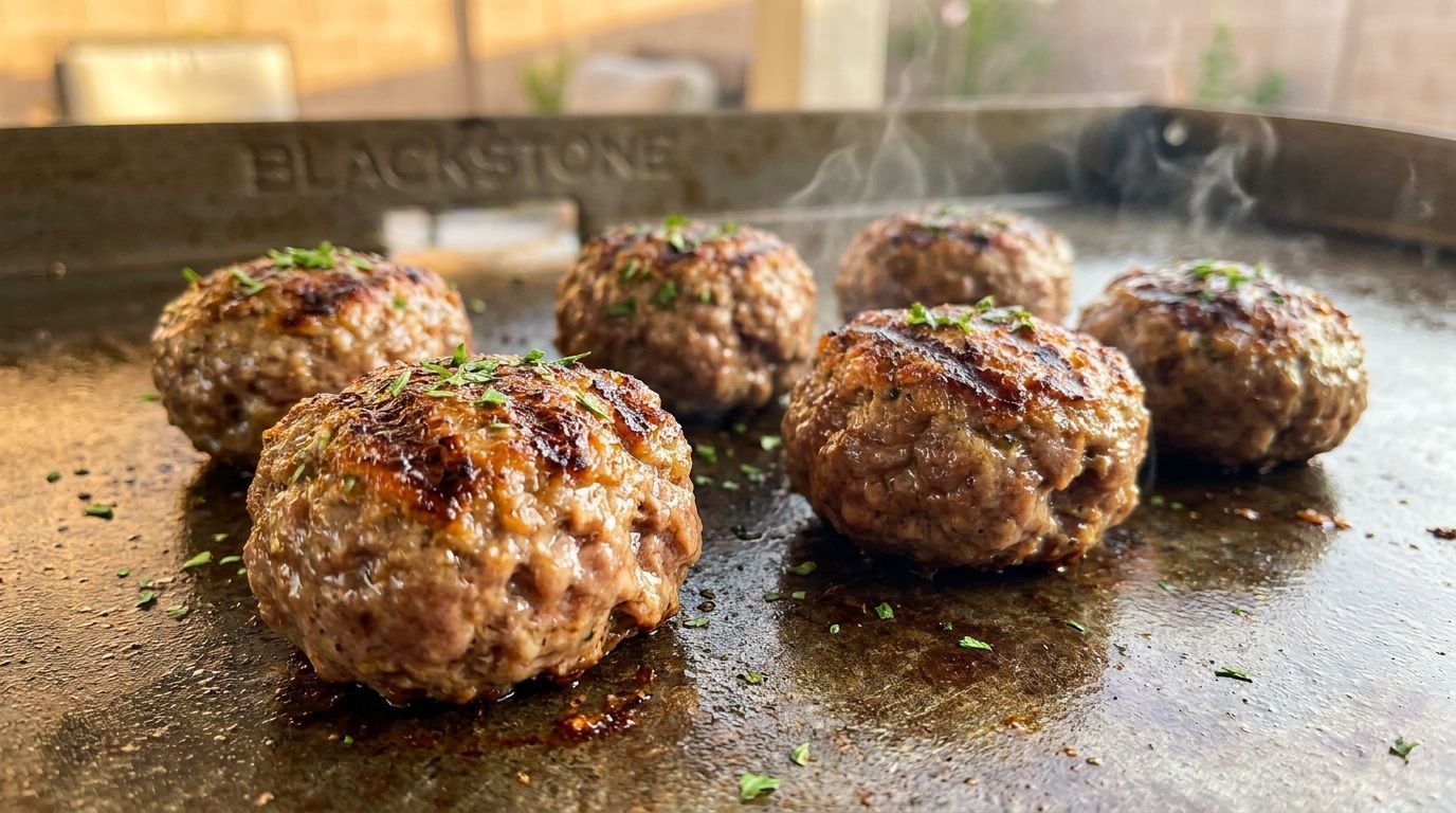 Browned meatballs sizzling on a hot griddle, with a blurred kitchen background