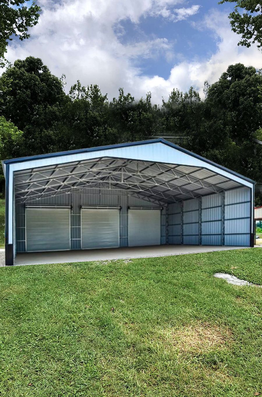Blue metal carport-style garage with three closed roll-up doors on a grassy lot
