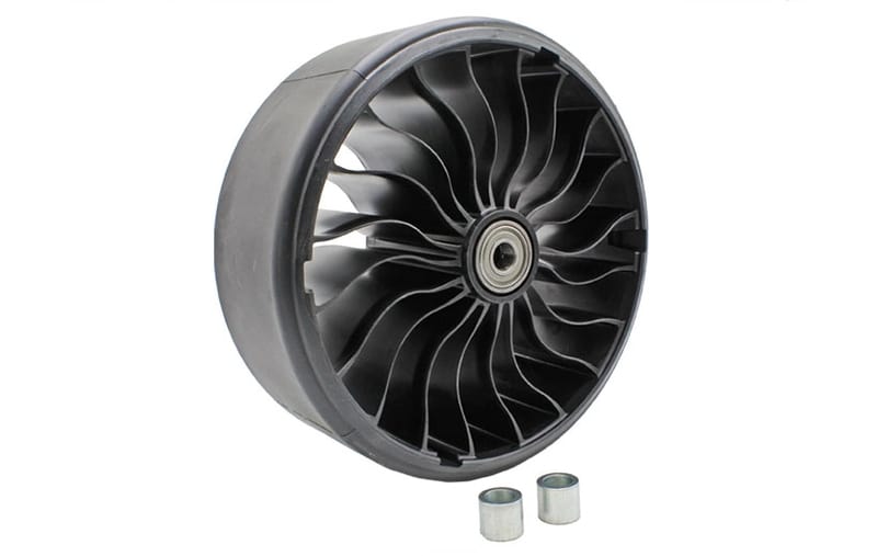 A close up of a wheel with a fan on it on a white background.