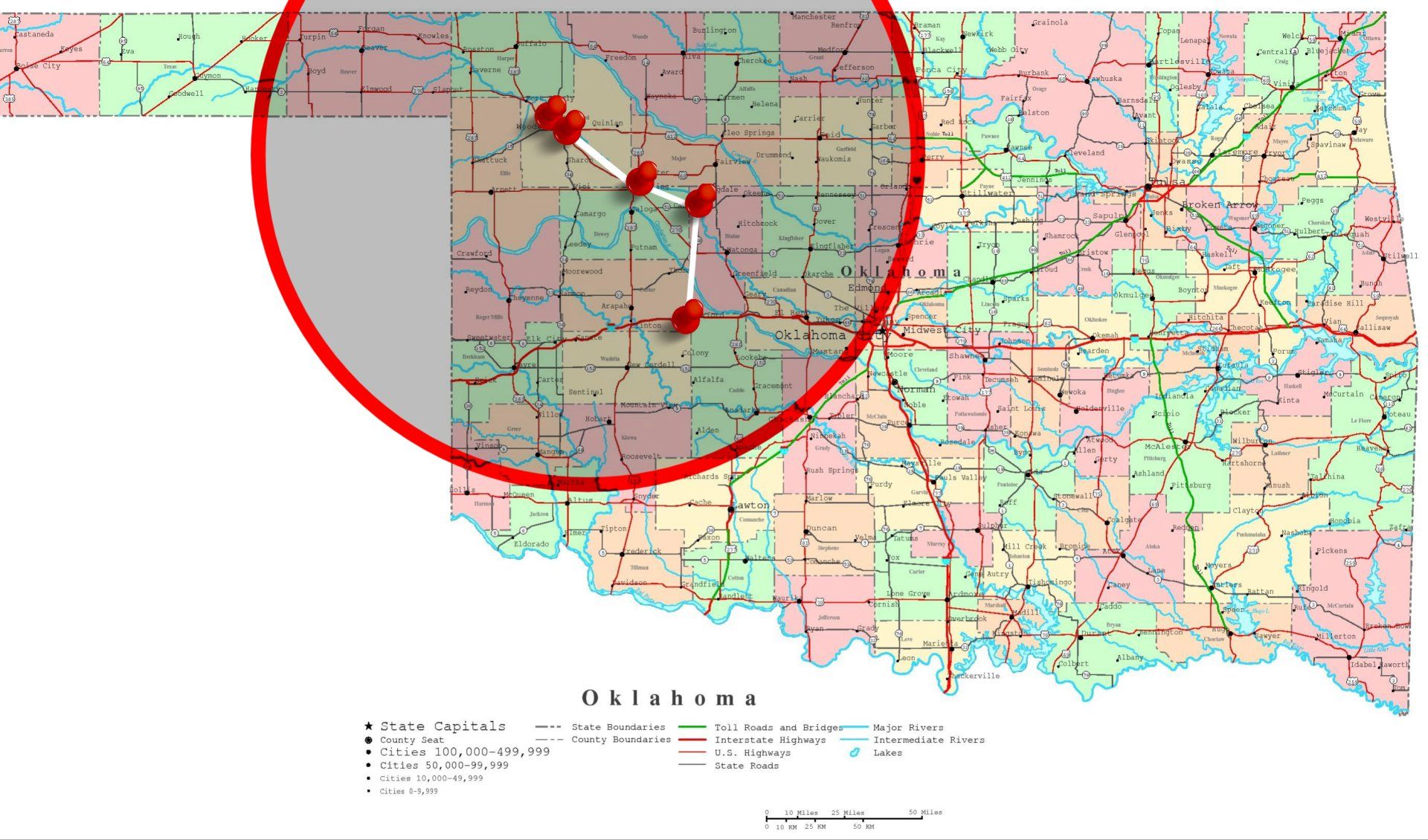 Un mapa de Oklahoma con un alfiler rojo que señala una ubicación.