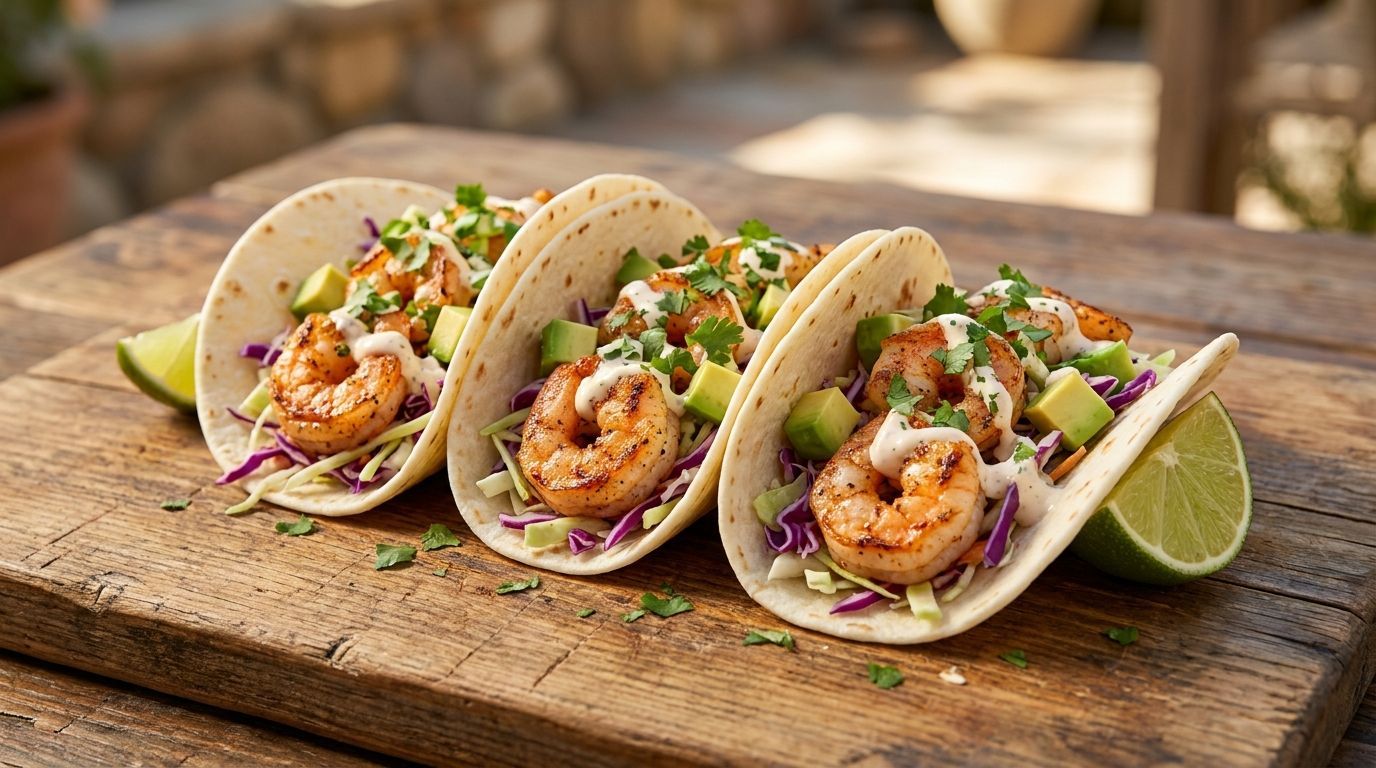 Shrimp tacos on a wooden board with lime wedges and chopped herbs