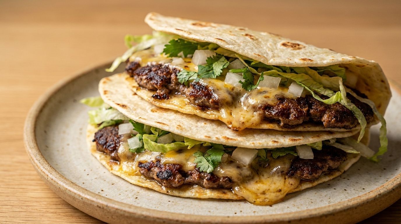 Two stacked cheesy tacos on a plate, topped with chopped cilantro and onions.