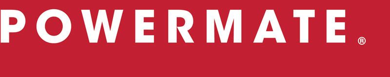 La palabra powermate está sobre un fondo rojo