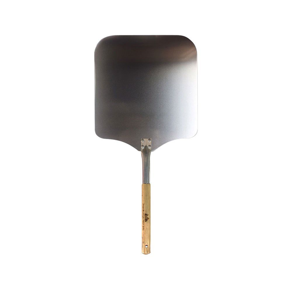 a stainless steel pizza paddle with a wooden handle