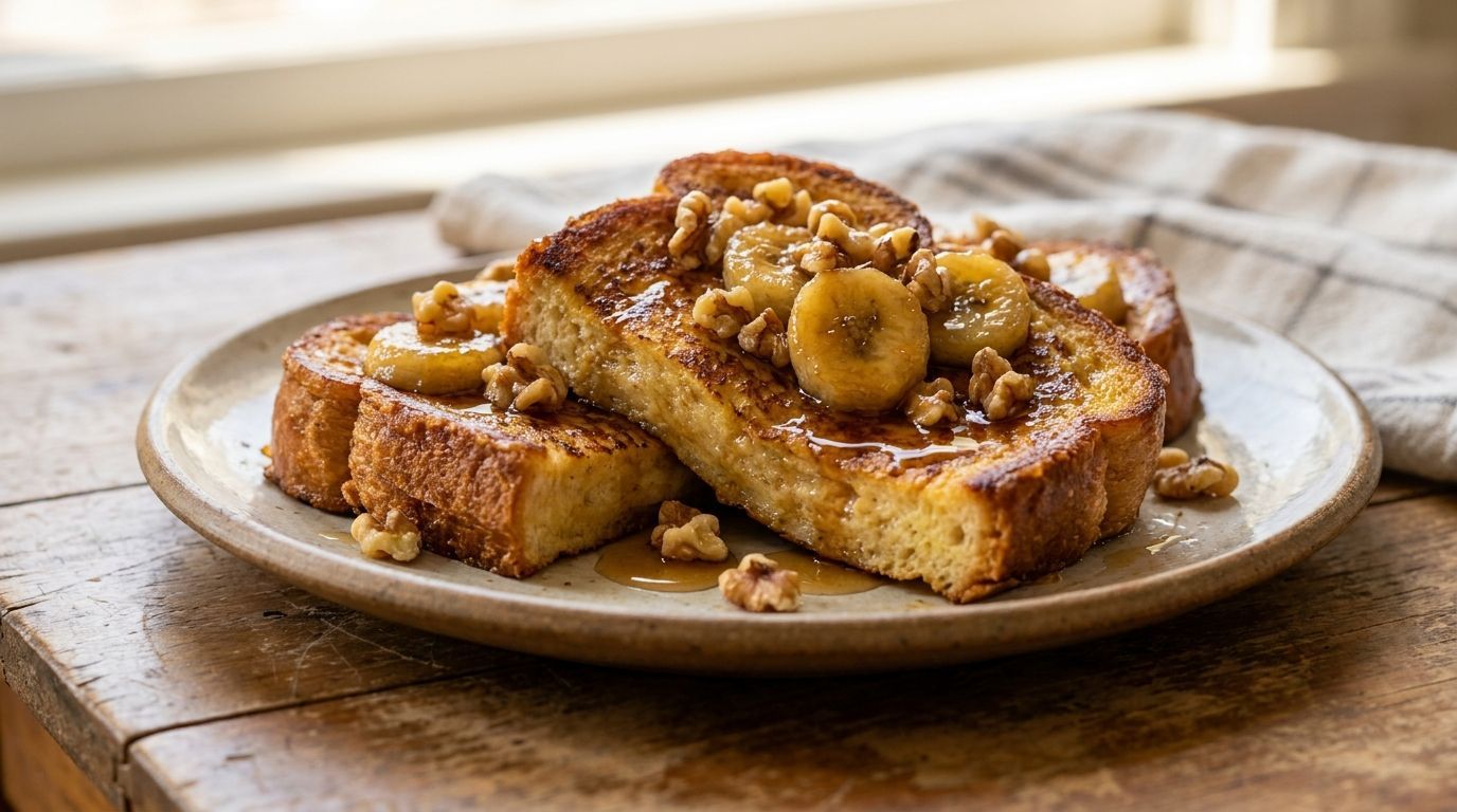 French toast topped with banana slices and nuts on a plate on a wooden table