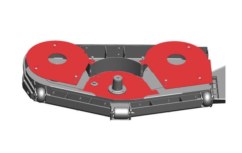 A drawing of a mower deck with red circles on it.