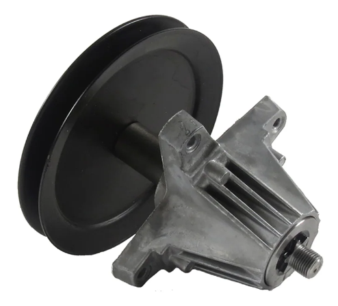 A close up of a black pulley on a white background