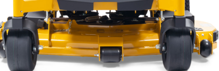 A close up of a yellow lawn mower with black wheels on a white background.