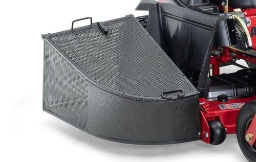 A Big Dog mower with a black bag attached to it.
