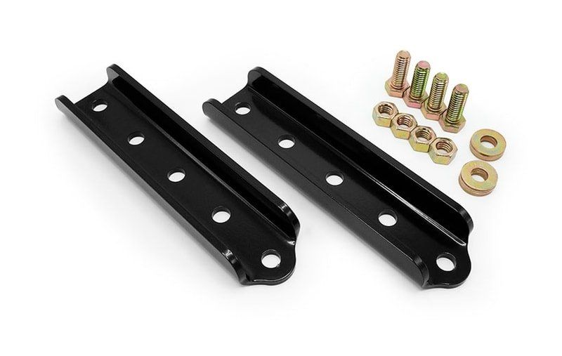 A pair of black brackets with nuts and bolts on a white background.
