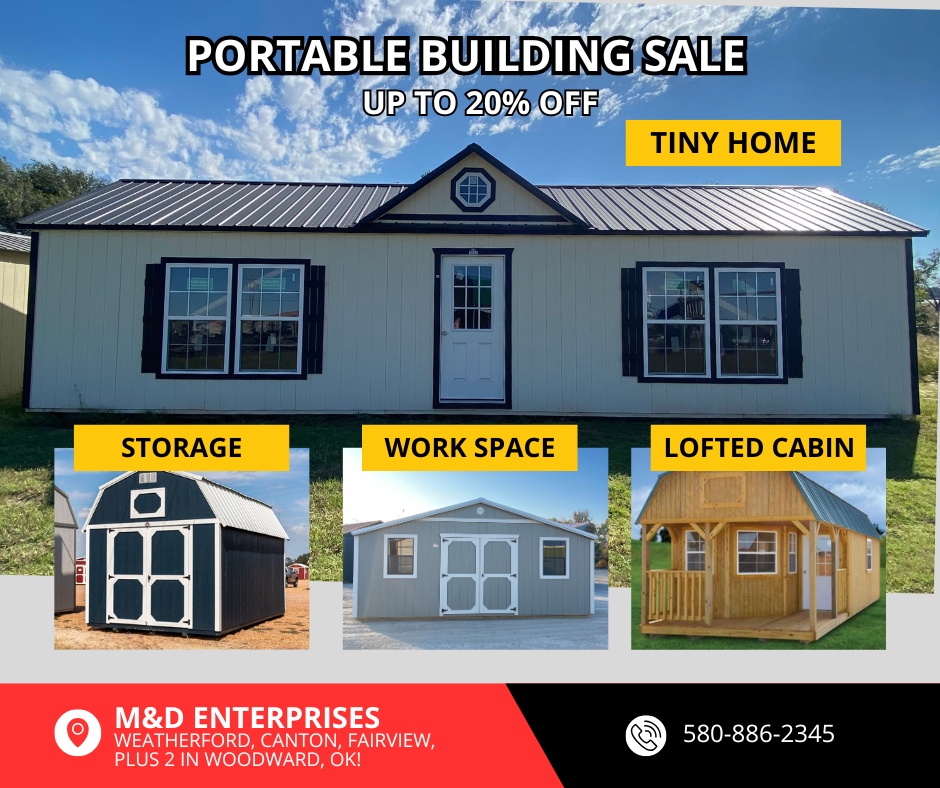 Portable building sale ad featuring tiny home, storage, work space, and lofted cabin. Up to 20% off. M&D Enterprises.
