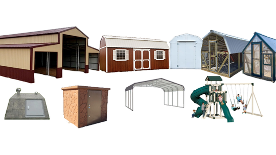 Assorted metal sheds, garages, and small outdoor storage shelters in various styles and colors