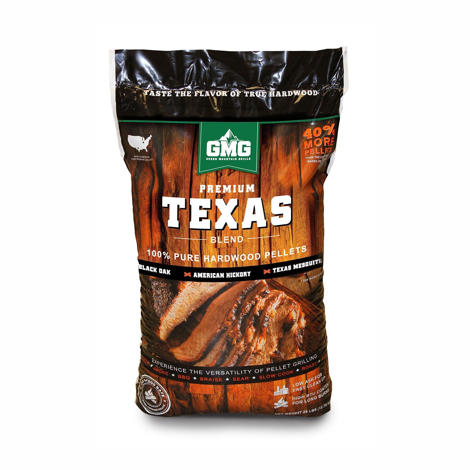a bag of premium texas blend hardwood pellets