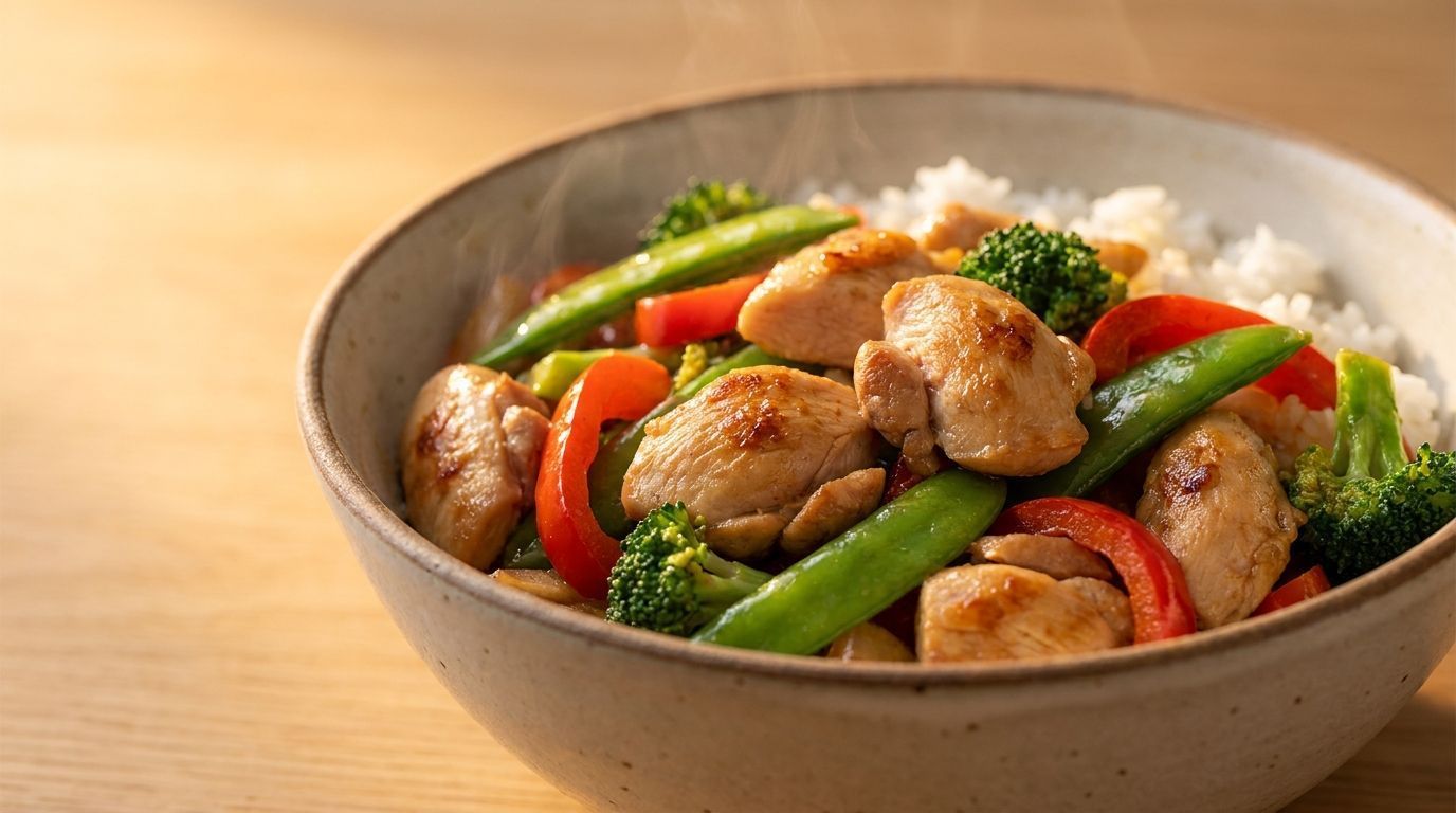 Bowl of chicken stir-fry with green beans, red peppers, broccoli, and rice on a wooden table